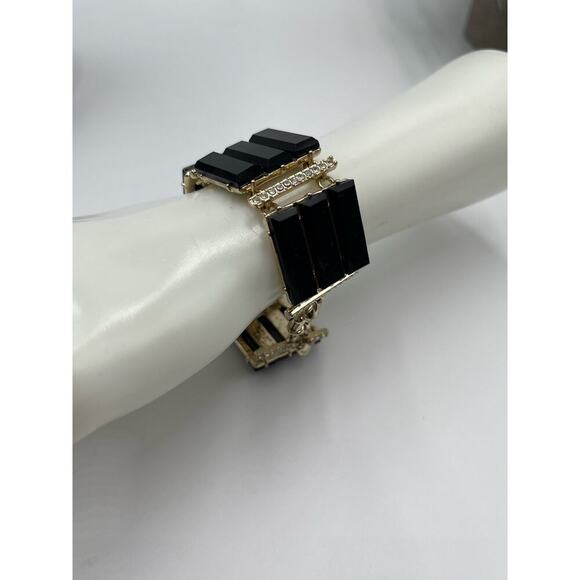 J. CREW Black Triple Row Lucite Rhinestone Brass Statement Bracelet - Picture 2 of 13